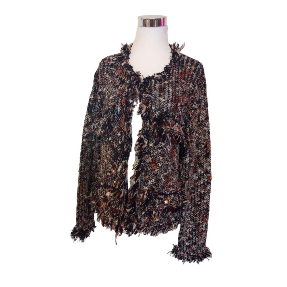 R FASHION Apparel Thread Texture Knit Cardigan Sweater Fringe S/M Jackie Kennedy